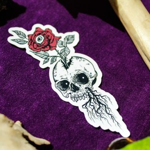 May include: A die-cut sticker featuring a black and white line art illustration of a human skull with a red rose growing out of the top. The rose centre contains a realistic eye, and dark, spindly roots extend from the bottom of the skull jaw.