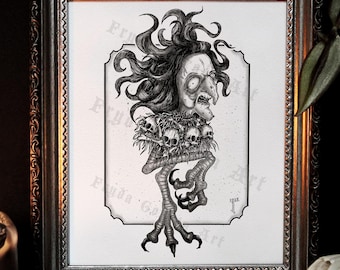 Baba Yaga Art Print: Spooky Witch Folklore Illustration Gothic Wall Decor