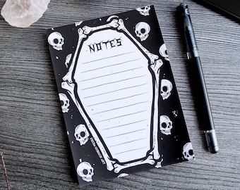 Gothic Coffin Notepad: Skull & Bones Halloween Stationery