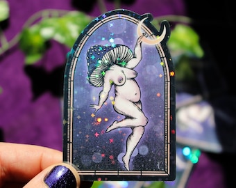 Moon Chaser Holographischer Aufkleber: Witchy Mushroom Woman Gothic Briefpapier