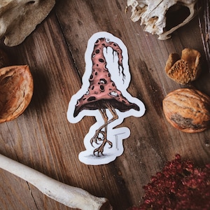 Sticker champignon « Hunkebeen » en vinyle, oeuvre d'art sombre, illustration, autocollant effrayant, autocollant effrayant, horreur, Baba Yaga, décoration