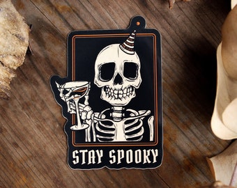 Stay Spooky Vinyl Sticker: Halloween Skeleton with Wine
