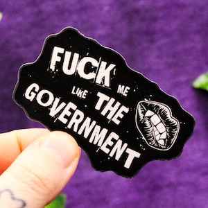 May include: A black die-cut sticker with white text that reads "FUCK ME LIKE THE GOVERNMENT" and a graphic illustration of a pair of lips with teeth. The sticker has an irregular, wavy edge and a high-contrast design with a matte finish.