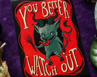 Krampus Postcard - Spooky Christmas Greeting Card Red Illustration