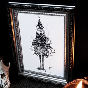 May include: A black and white illustration of a spooky house with a clock tower, chimney, and smoke. The house is on spindly legs with clawed feet and is surrounded by branches.