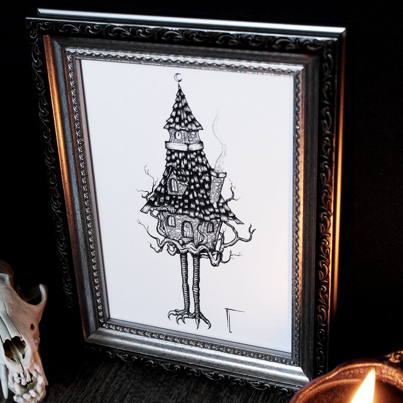 May include: A black and white illustration of a spooky house with a clock tower, chimney, and smoke. The house is on spindly legs with clawed feet and is surrounded by branches.
