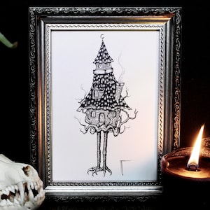 Baba Jagas Haus Kunstdruck: Dark Witchy Illustration (18 x 13 cm)