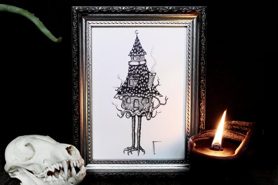 Baba Yaga's House Art Print: Dark Witchy Illustration (18x13 cm)