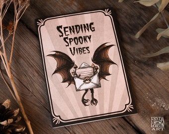 Spooky Vibes Halloween Greeting Card: Gothic Bat Postcard