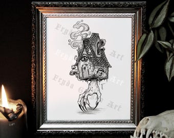 Baba Yaga Art Print: Surreal Haunted House, Gothic Spooky Decor
