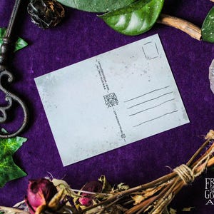 Puede incluir: Una postal en blanco con un fondo azul claro y un borde blanco. La postal tiene un espacio para un sello y una direcci&oacute;n. La parte posterior de la postal tiene l&iacute;neas para escribir un mensaje. La postal est&aacute; sobre una superficie morada con hojas verdes y una rama marr&oacute;n.