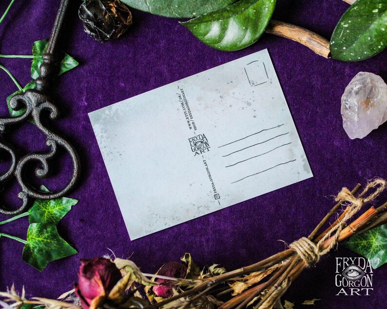 Puede incluir: Una postal en blanco con un fondo azul claro y un borde blanco. La postal tiene un espacio para un sello y una direcci&oacute;n. La parte posterior de la postal tiene l&iacute;neas para escribir un mensaje. La postal est&aacute; sobre una superficie morada con hojas verdes y una rama marr&oacute;n.