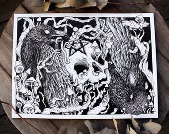Spooky Crow Skull Art Print: Gothic Horror Home Decor