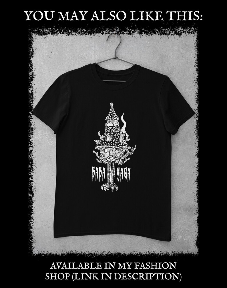 May include: Black t-shirt with a white graphic of a house on stilts with the text "Baba Yaga" underneath. The t-shirt is hanging on a hanger.