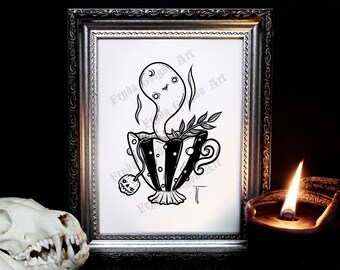 Spooky Tea Party Art Print: Gothic Ghost Halloween Decor