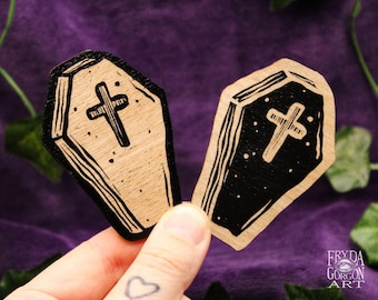 Laser Engraved Coffin Magnet: Spooky Gothic Decor, Birch Plywood