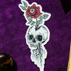 May include: A die-cut sticker featuring a black and white line art illustration of a human skull with roots growing from the jaw. A red rose with a realistic human eye in the centre of the petals emerges from the top of the cracked skull.