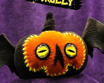 Handgenaaide pluche pompoen - Spooky Halloween-knuffel zwart gotisch pluche met glow in the dark ogen
