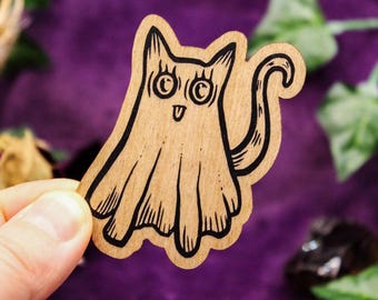 Wooden Cat Ghost Magnet, Spooky Halloween Decor
