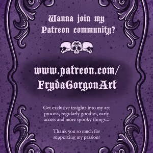 Puede incluir: Fondo morado con un marco decorativo y texto que dice "Wanna join my Patreon community?" con una direcci&oacute;n de sitio web "www.patreon.com/FrydaGorgonArt". El texto est&aacute; en una fuente g&oacute;tica y hay tres calaveras con ojos en el centro de la imagen.
