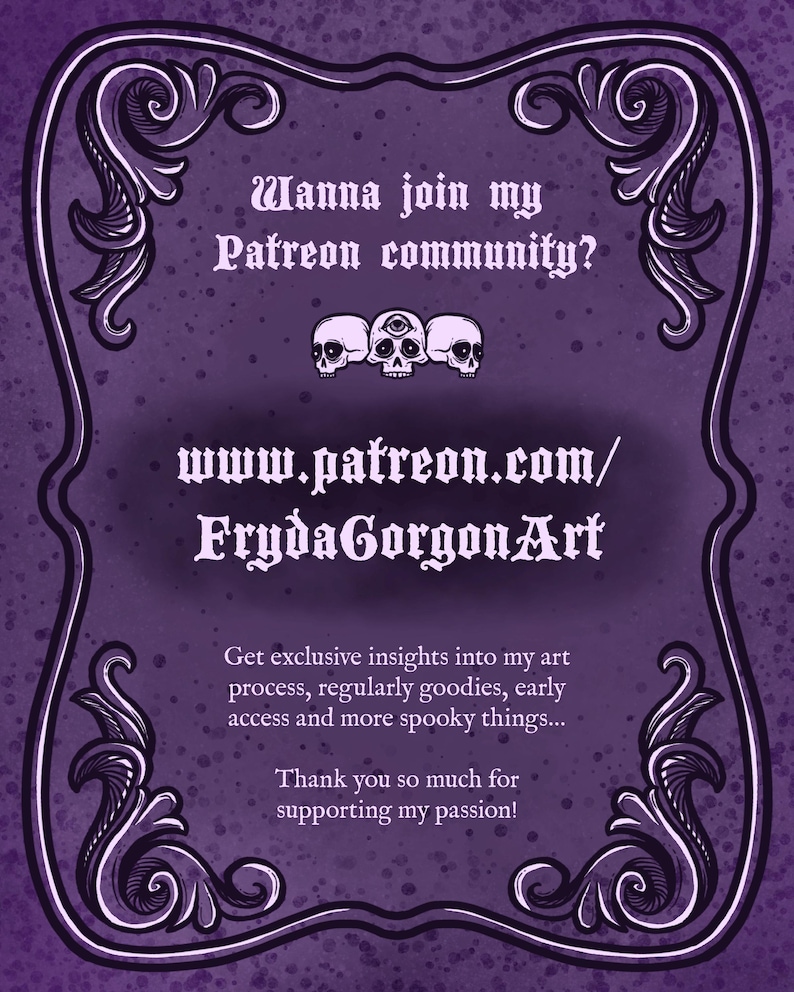 Puede incluir: Fondo morado con un marco decorativo y texto que dice "Wanna join my Patreon community?" con una direcci&oacute;n de sitio web "www.patreon.com/FrydaGorgonArt". El texto est&aacute; en una fuente g&oacute;tica y hay tres calaveras con ojos en el centro de la imagen.