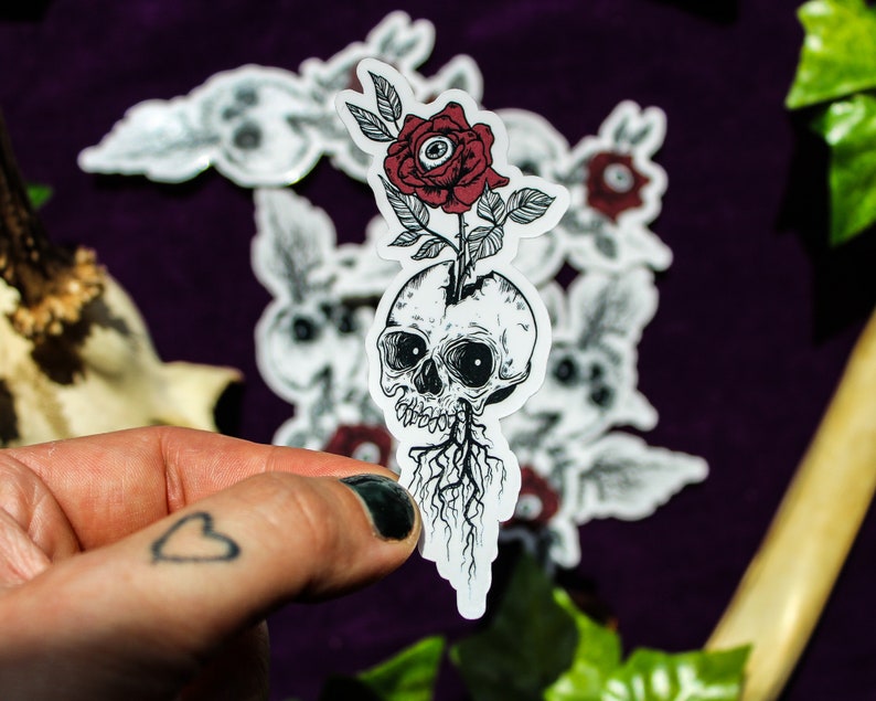 May include: A die-cut sticker featuring a black and white line art illustration of a human skull with roots growing from the base and a red rose with a central human eye blooming from the top of the cranium, presented on a white background.