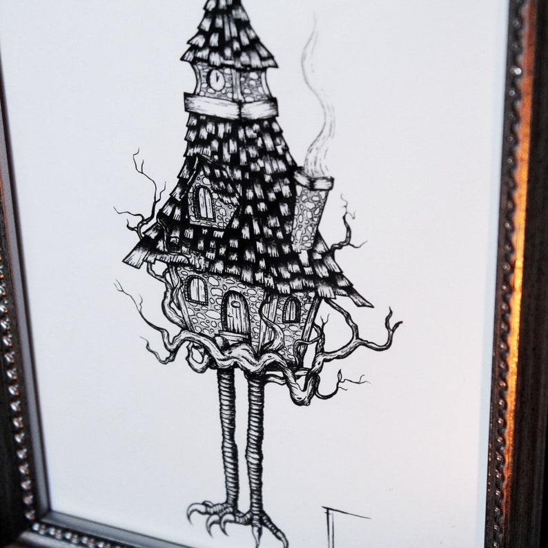 May include: A black and white ink drawing of a house with a clock on the front, perched on spindly legs with clawed feet. The house has a chimney with smoke coming out of it and a roof with a detailed pattern.