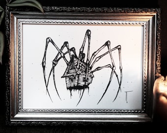 Art Print "Spider House" Creepy Horror Spooky Illustration Lineart Dark Decor Decoration Baba Yaga Black Witch Drawing Tattoo Design