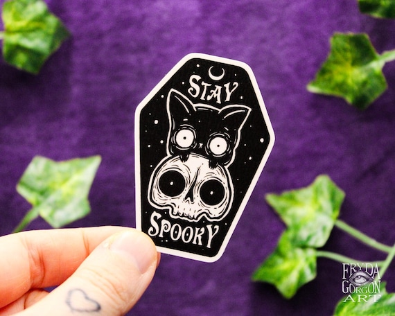 Stay Spooky Coffin Vinyl Sticker - Cat With Skull Art