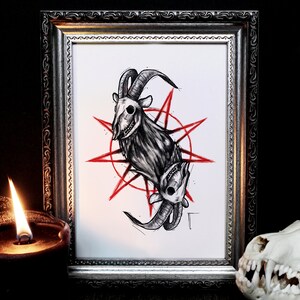 Goat Skulls Art Print: Dark Horror Illustration, Spooky Witch Decor