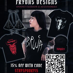 Puede incluir: Camisetas negras con varios dise&ntilde;os espeluznantes, incluyendo un Krampus, una bruja y una calavera con alas. Una boina negra con la palabra "Pampire" en letras rojas. Un top halter de tela de ara&ntilde;a negra. El texto "FRYDAS DESIGNS" y "SPOOKY FASHION & ACCESSORIES" est&aacute; en la parte superior de la imagen. El texto "15% OFF WITH CODE STAYSPOOKY15" est&aacute; en la parte inferior de la imagen. Un c&oacute;digo QR est&aacute; en la esquina inferior derecha de la imagen.
