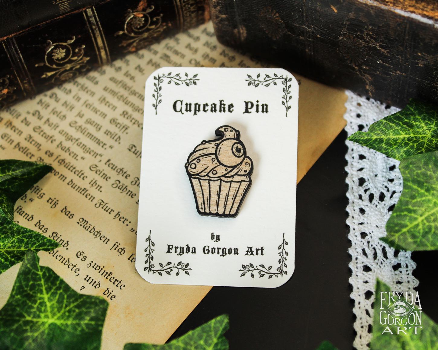 Spooky Cupcake Pin Creepy Wooden Brooch