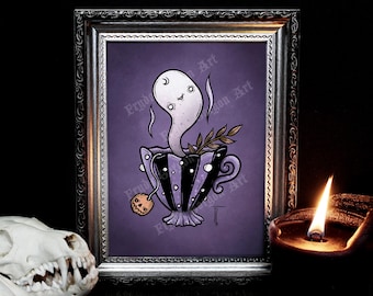 Spooky Tea Party Art Print: Gothic Halloween Ghost Decor