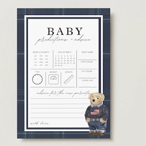 Puede incluir: Una tarjeta rectangular de predicciones y consejos para bebés con un borde de cuadros azul oscuro. El centro blanco incluye campos de texto para detalles de nacimiento, iconos de reloj, báscula y regla, y un oso con suéter de bandera.
