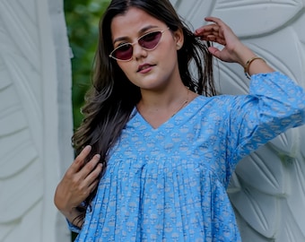 Blue Block Print Cotton Tunic Top: Handmade Indian Kurti, Boho Blouse