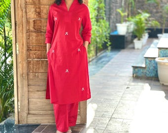 Red Cotton Kurti Pant Set , Embroidered Salwar Kameez
