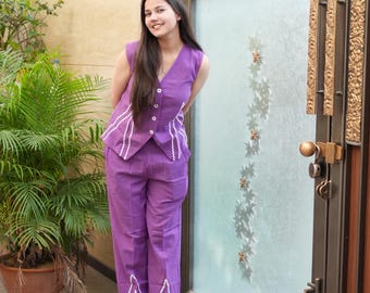 Purple Cotton Co Ord Set for Women, Sleeveless Top Pants Set, Summer Outfit, Minimal Co Ord Set, Casual Wear, Handmade Clothing