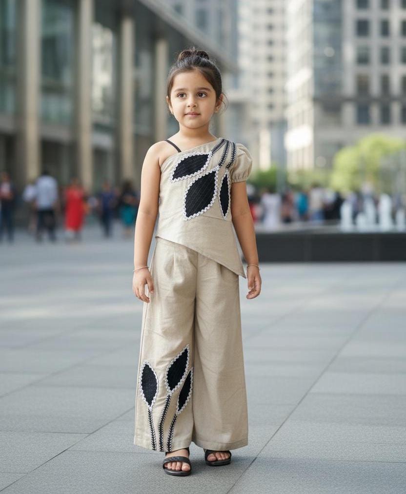 Handmade Cotton Flex Girls Outfit One Shoulder Top & Patchwork Pants for Ages 4-14 Stylish Kids Co-ord Set for Birthdays, Photoshoots