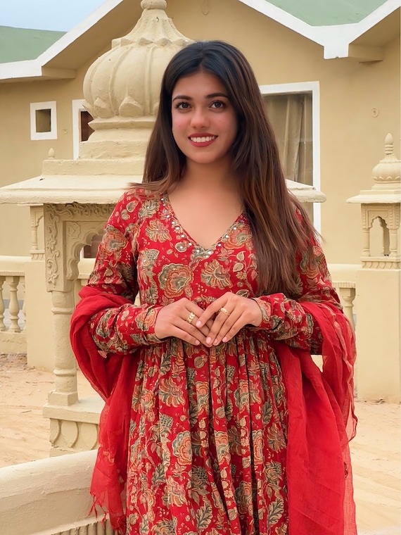 Designer Handwork Anarkali Suits Outfit, Organic Cotton Flerad Anarkali Kurti Pant And Dupatta Set For Wedding/Party/Festival