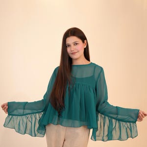 Emerald Green Georgette Blouse with Dramatic Ruffle Sleeves, Sheer Flowy Babydoll Top for Women