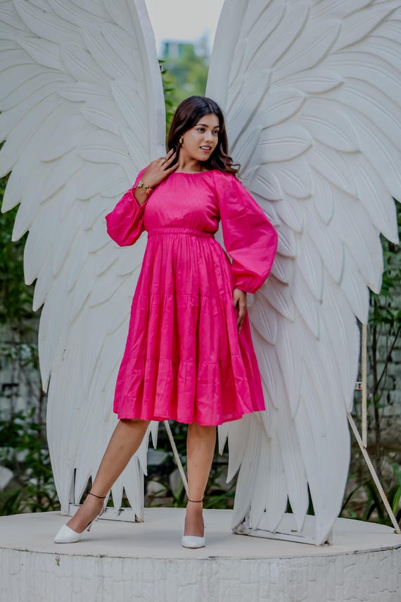 Hot Pink Cotton Dobby Midi Dress | Puff Sleeves, Boho Party - Etsy Israel