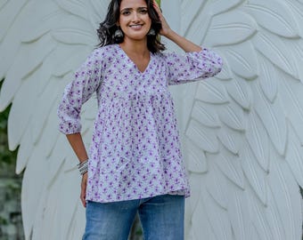 Floral Cotton Tunic Top for Women | Hand Block Print Boho Blouse | Loose Fit Summer Top | Casual Indian Cotton Shirt S–XXL