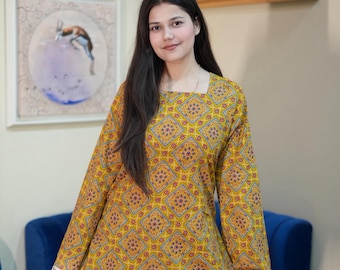 Yellow Cotton Corset Back Kurti Top, Boho Indian Tunic, Square Neck Kurti, Casual Ethnic Top Women, Custom Size XS-5XL
