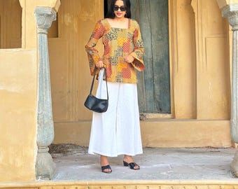 Túnica de algodón puro con estampado a mano, top étnico floral de verano.
