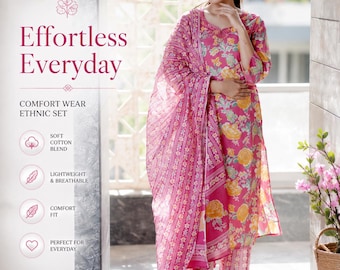 Komplet kurty bawełnianej w różowy kwiatowy wzór z dupattą | Etniczny salwar kameez