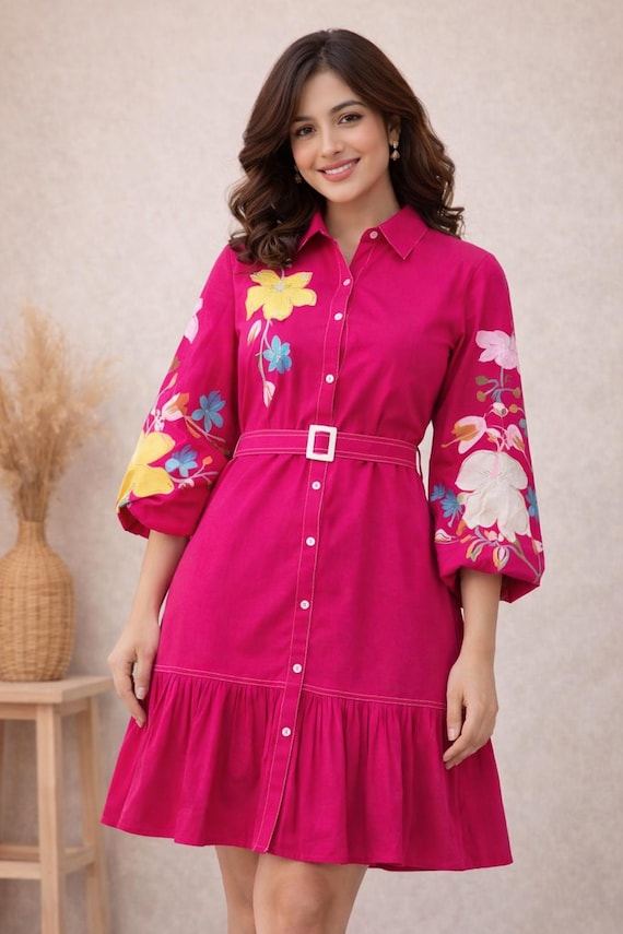 hot pink summer dress womens Cotton Shirt Dress, Hand Brush Floral Print, Belted Mini 2922 - Off white charm