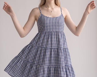 Blue Gingham Tiered Mini Dress | Sleeveless Cotton Sundress | Cottagecore Picnic Style