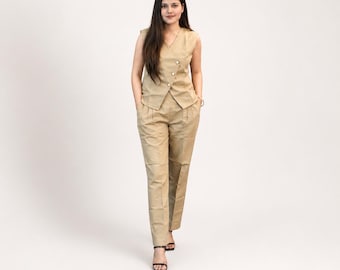 Women’s Linen Vest and Pants Set, Beige Two Piece Outfit, Sleeveless Waistcoat Set