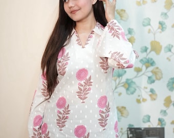 Cotton Floral Tunic Top, White Pink Indian Blouse, Handmade Summer Shirt, Plus Size Boho Top, Custom Size Casual Kurti