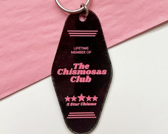 The Chismosas Club Retro Motel Keychain, Acrylic, Pink, Mexican, Español, Chisme, Latinas, Xicanas, Latinos, For Keys, Key Tag, Gift Ideas